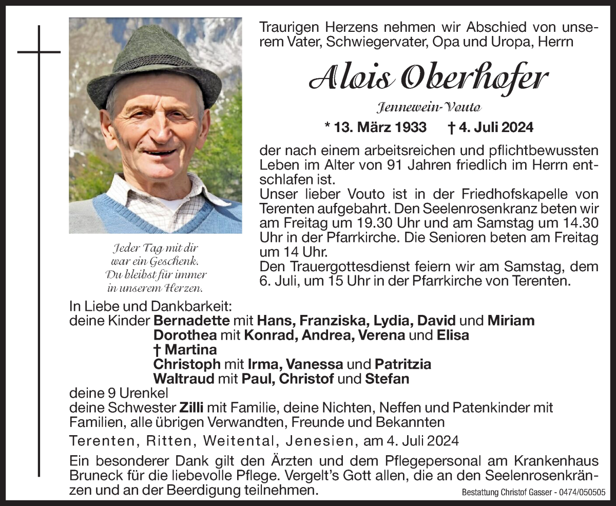  Traueranzeige für Alois Oberhofer vom 05.07.2024 aus Dolomiten