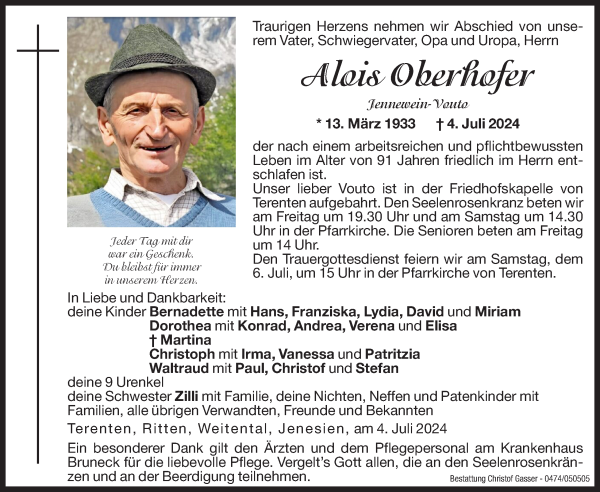 Traueranzeige von Alois Oberhofer von Dolomiten