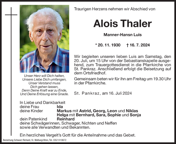 Traueranzeige von Alois Thaler von Dolomiten