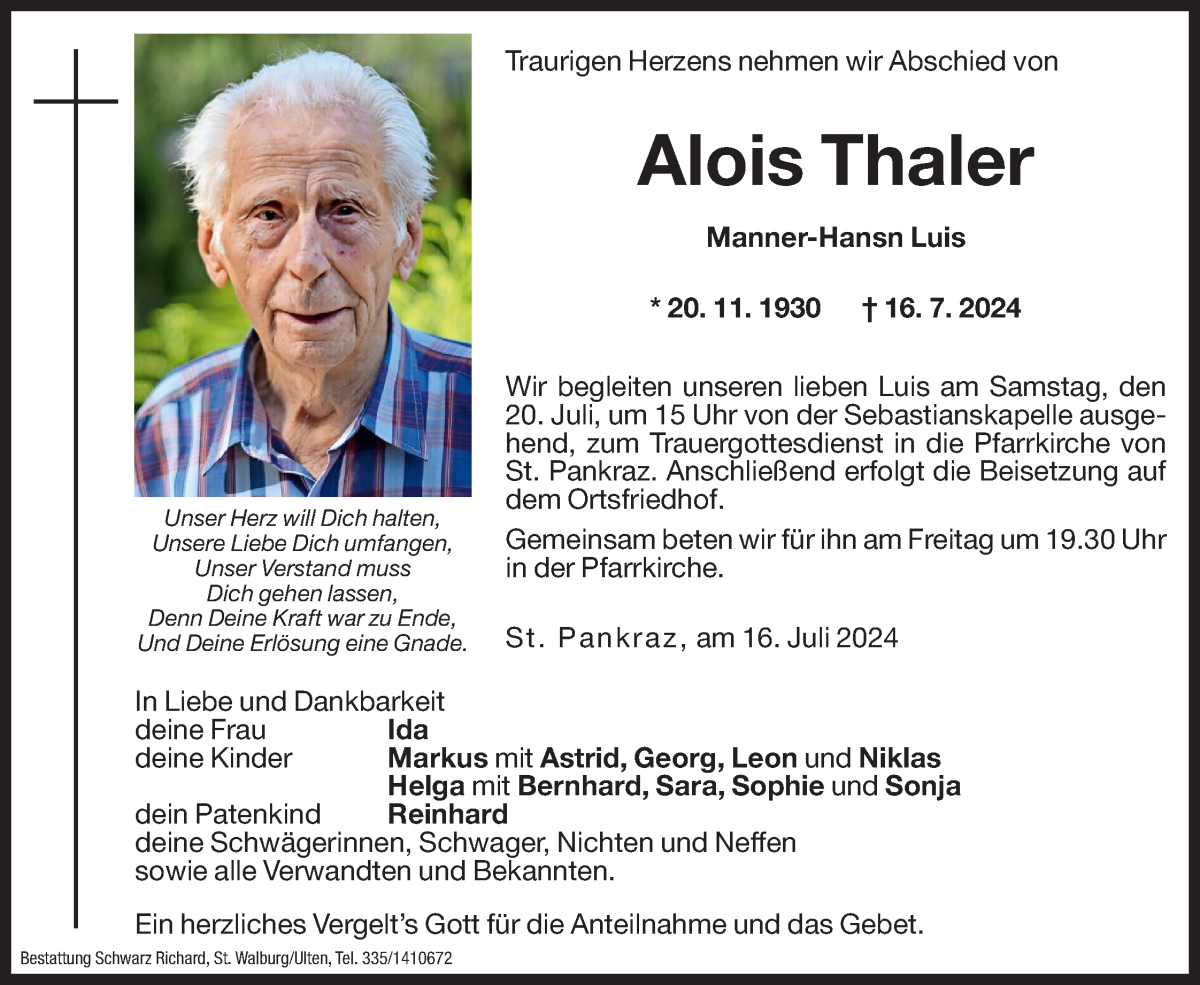  Traueranzeige für Alois Thaler vom 18.07.2024 aus Dolomiten