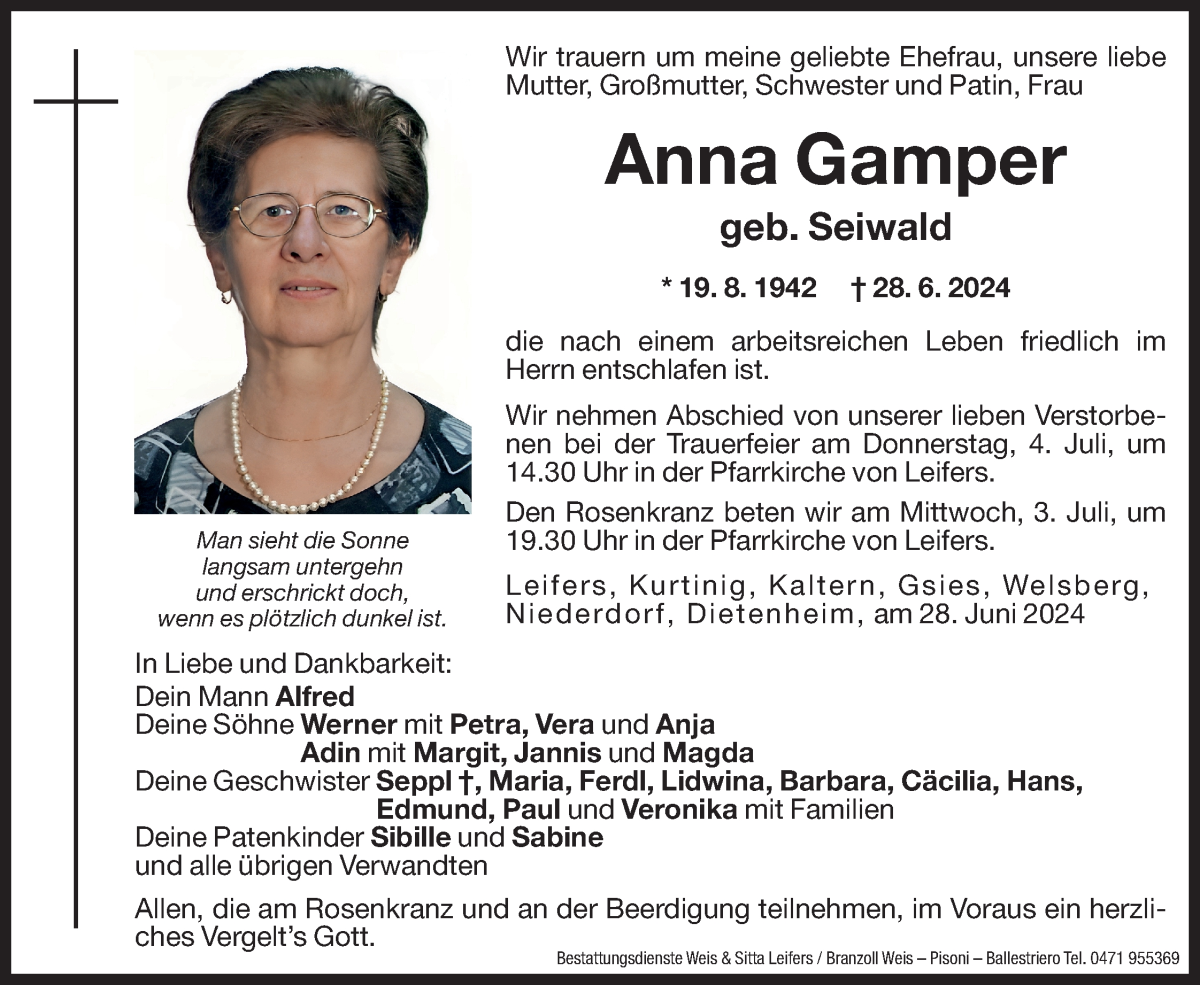  Traueranzeige für Anna Gamper vom 02.07.2024 aus Dolomiten