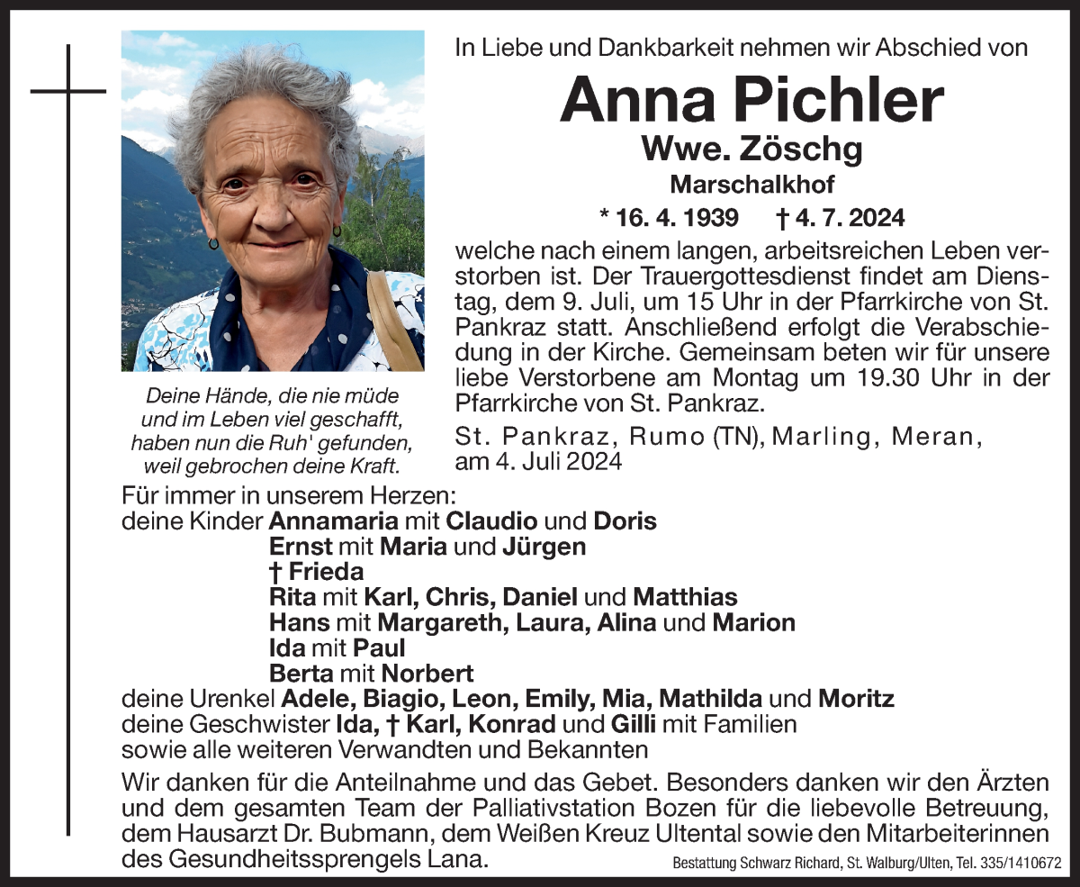 Traueranzeige für Anna Zöschg vom 06.07.2024 aus Dolomiten