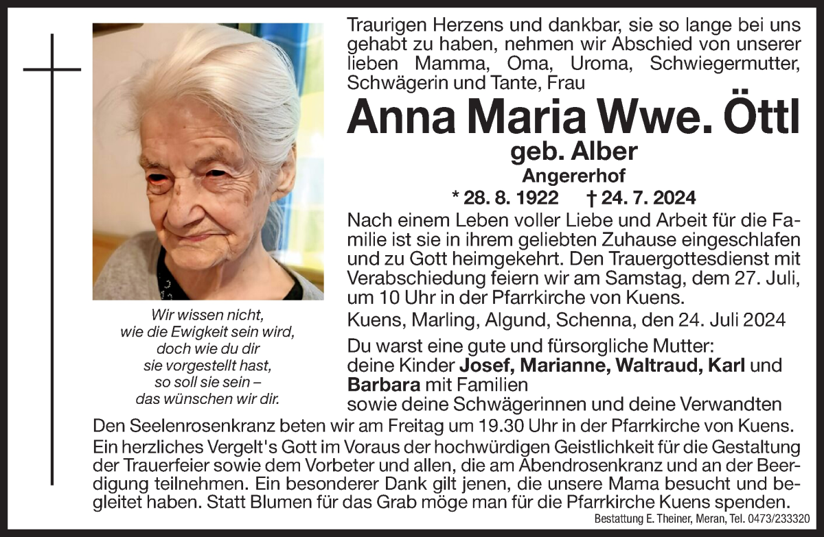  Traueranzeige für Anna Maria Öttl vom 26.07.2024 aus Dolomiten