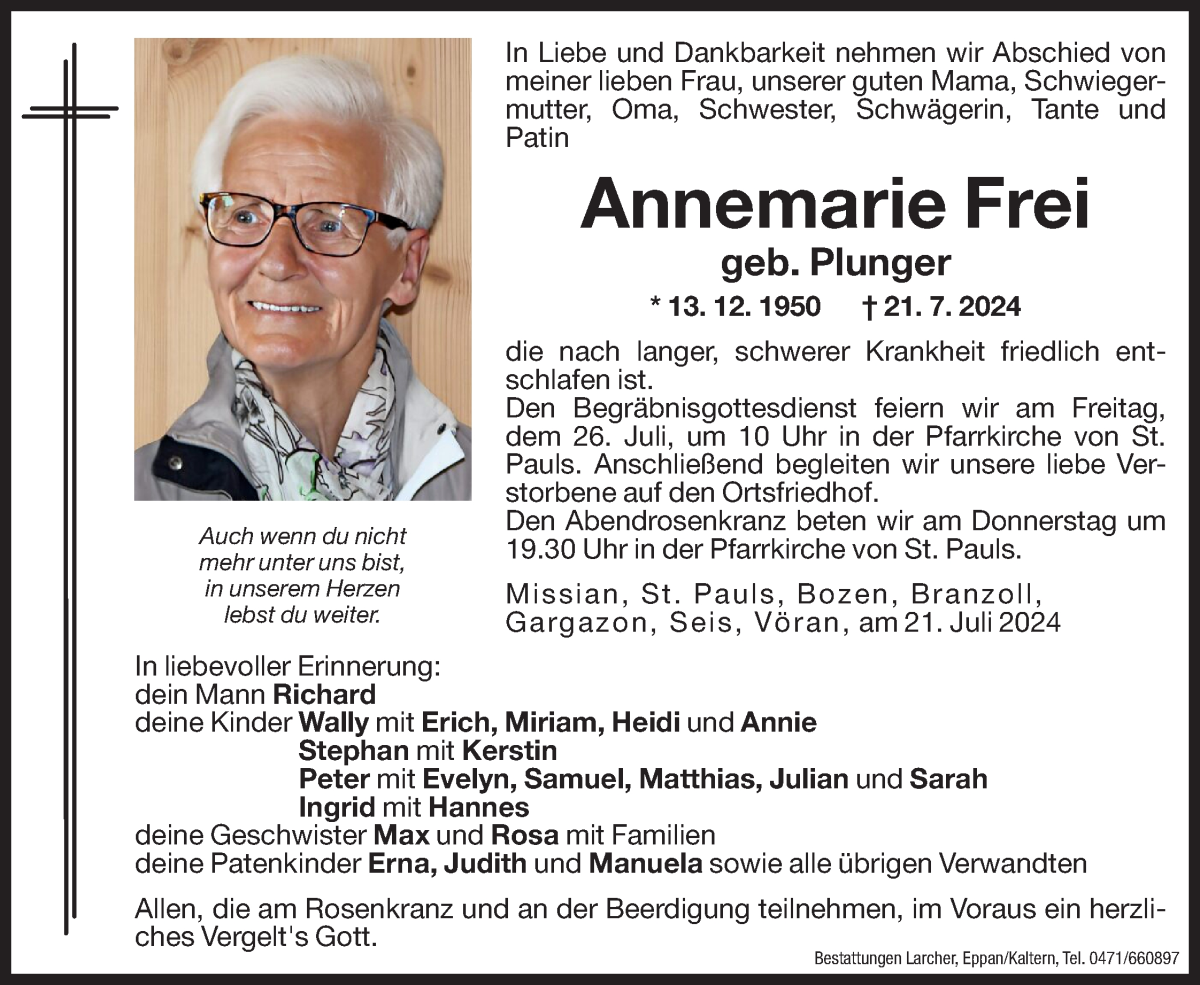  Traueranzeige für Annemarie Frei vom 23.07.2024 aus Dolomiten