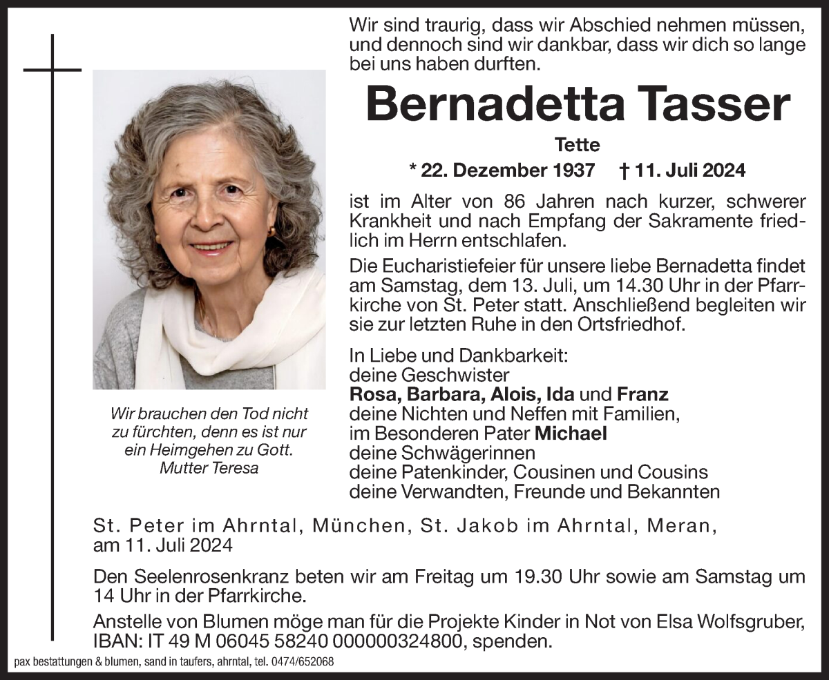  Traueranzeige für Bernadetta Tasser vom 12.07.2024 aus Dolomiten