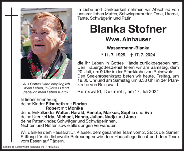 Traueranzeige von Blanka Ainhauser von Dolomiten