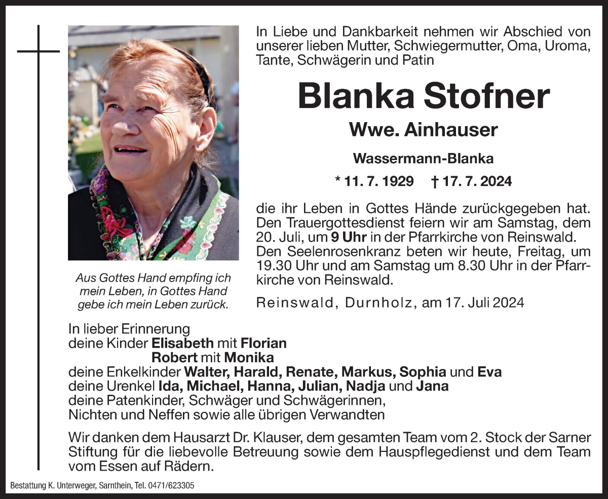  Traueranzeige für Blanka Ainhauser vom 19.07.2024 aus Dolomiten