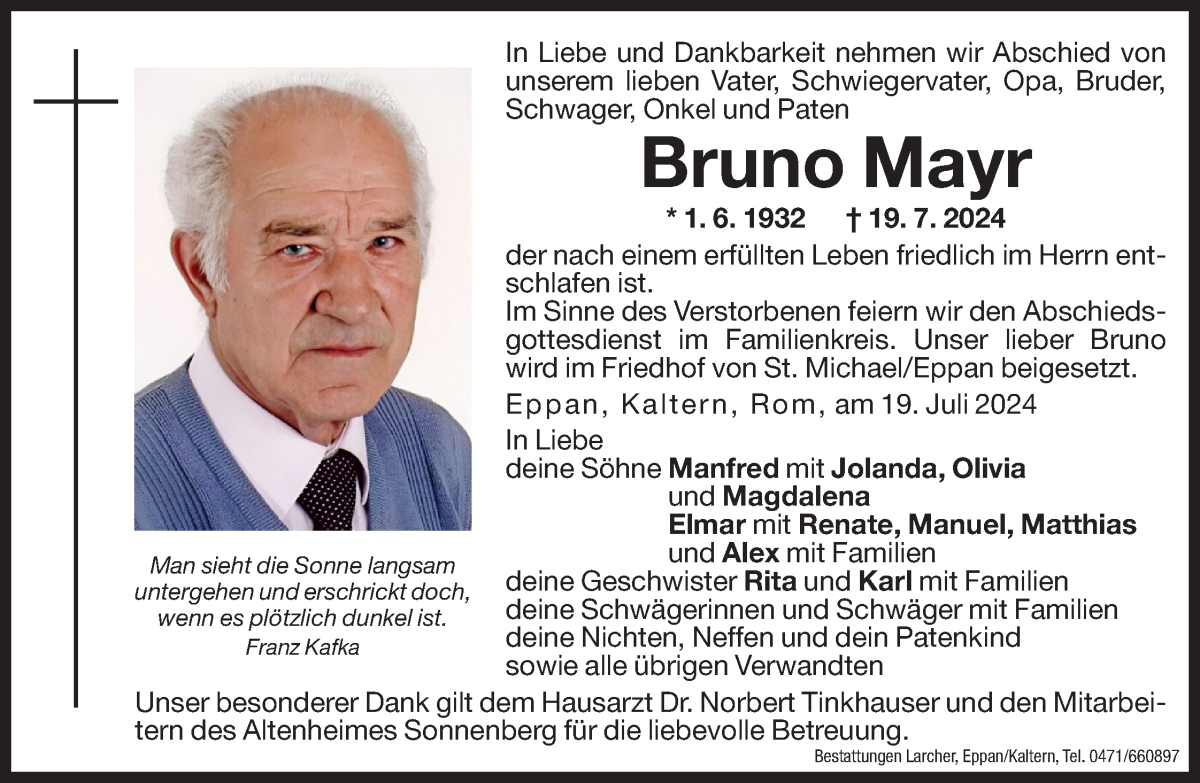  Traueranzeige für Bruno Mayr vom 20.07.2024 aus Dolomiten