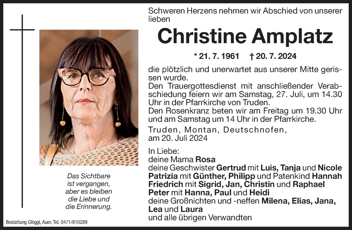  Traueranzeige für Christine Amplatz vom 24.07.2024 aus Dolomiten