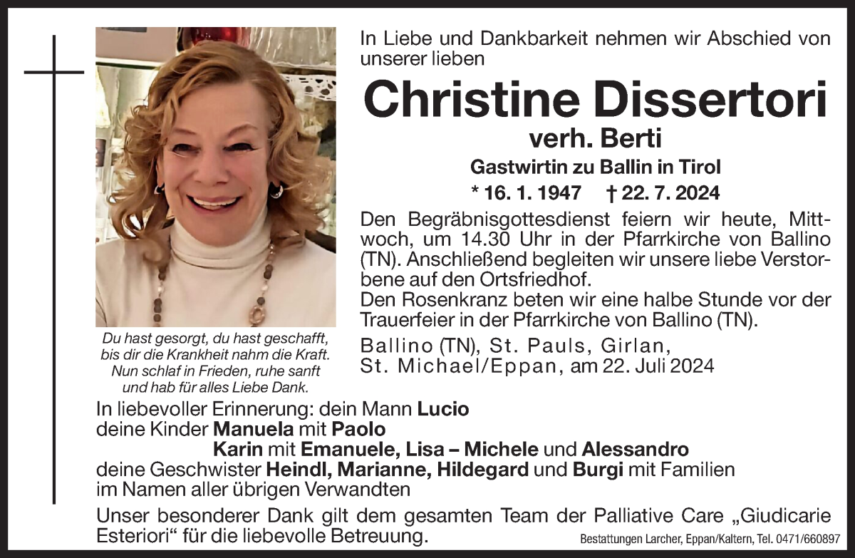  Traueranzeige für Christine Berti vom 24.07.2024 aus Dolomiten