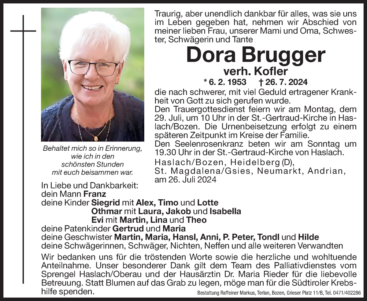  Traueranzeige für Dora Kofler vom 27.07.2024 aus Dolomiten