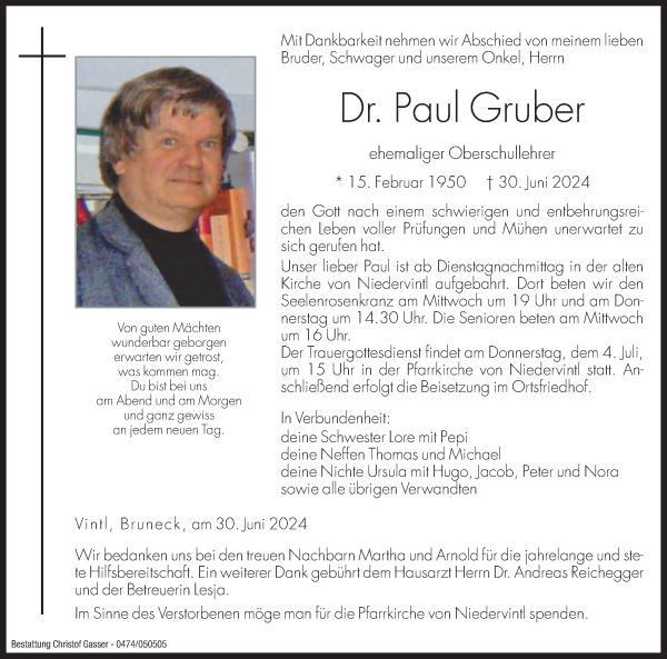 Traueranzeige von Dr. Paul Gruber von Dolomiten
