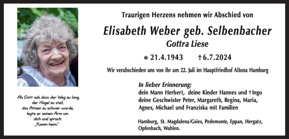  Traueranzeige für Elisabeth Weber vom 17.07.2024 aus Dolomiten