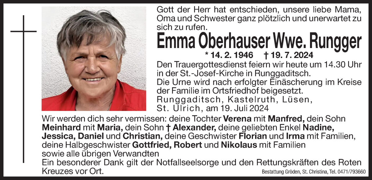  Traueranzeige für Emma Rungger vom 22.07.2024 aus Dolomiten