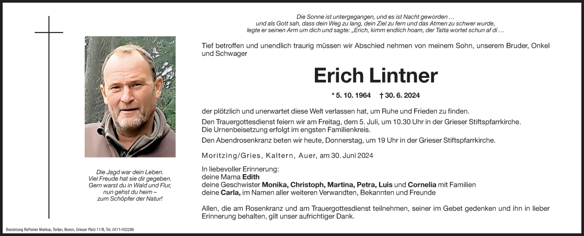 Traueranzeige für Erich Lintner vom 04.07.2024 aus Dolomiten