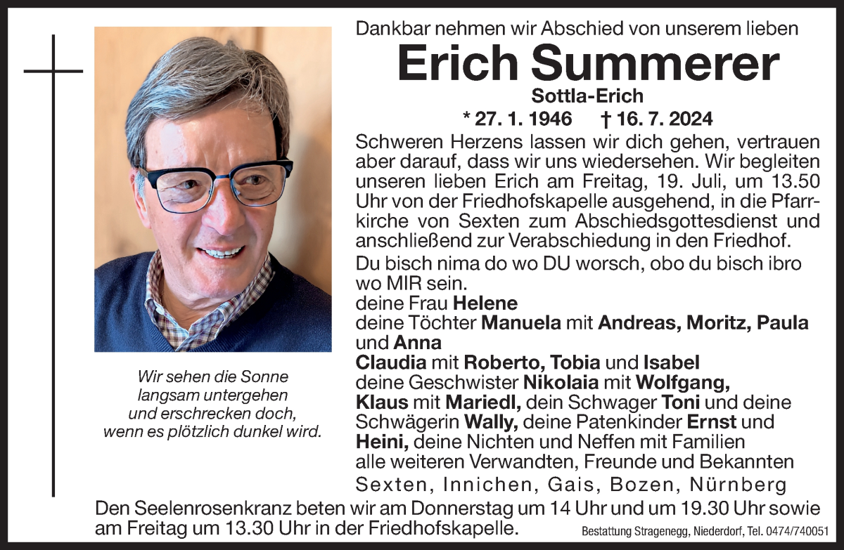  Traueranzeige für Erich Summerer vom 18.07.2024 aus Dolomiten