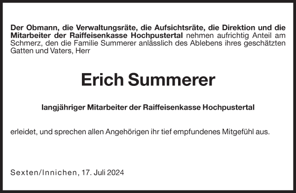 Traueranzeige von Erich Summerer von Dolomiten