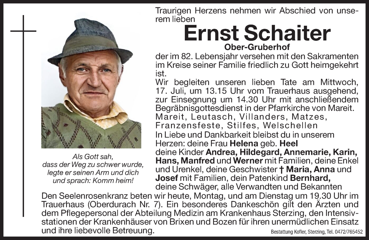  Traueranzeige für Ernst Schaiter vom 15.07.2024 aus Dolomiten