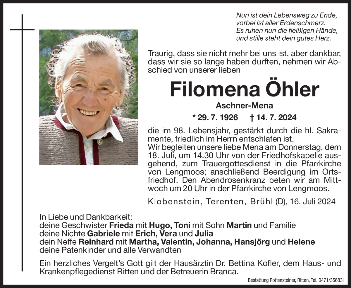  Traueranzeige für Filomena Öhler vom 16.07.2024 aus Dolomiten