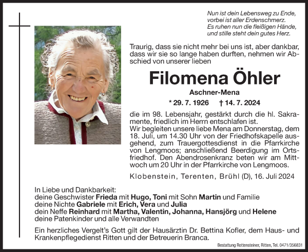 Traueranzeige von Filomena Öhler von Dolomiten