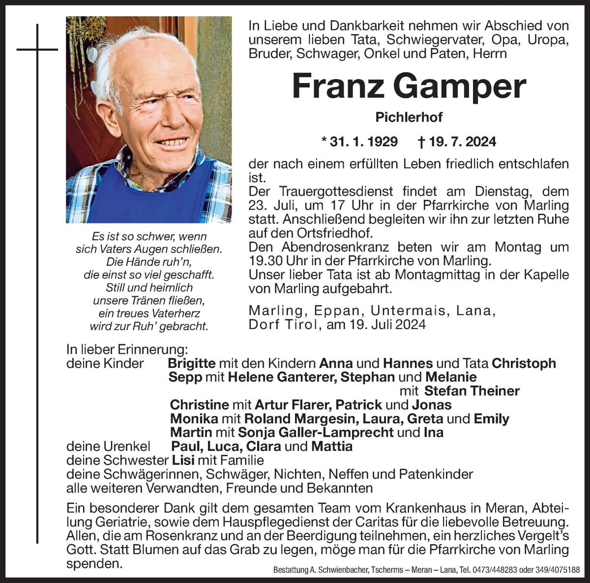  Traueranzeige für Franz Gamper vom 20.07.2024 aus Dolomiten