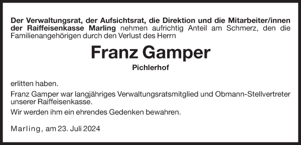 Traueranzeige von Franz Gamper von Dolomiten