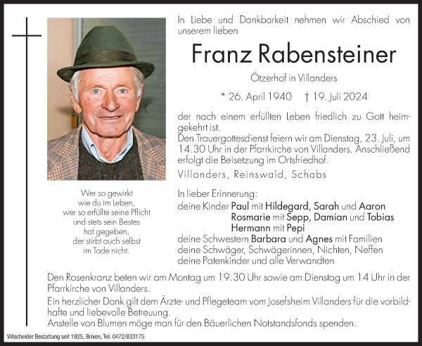 Traueranzeige von Franz Rabensteiner von Dolomiten