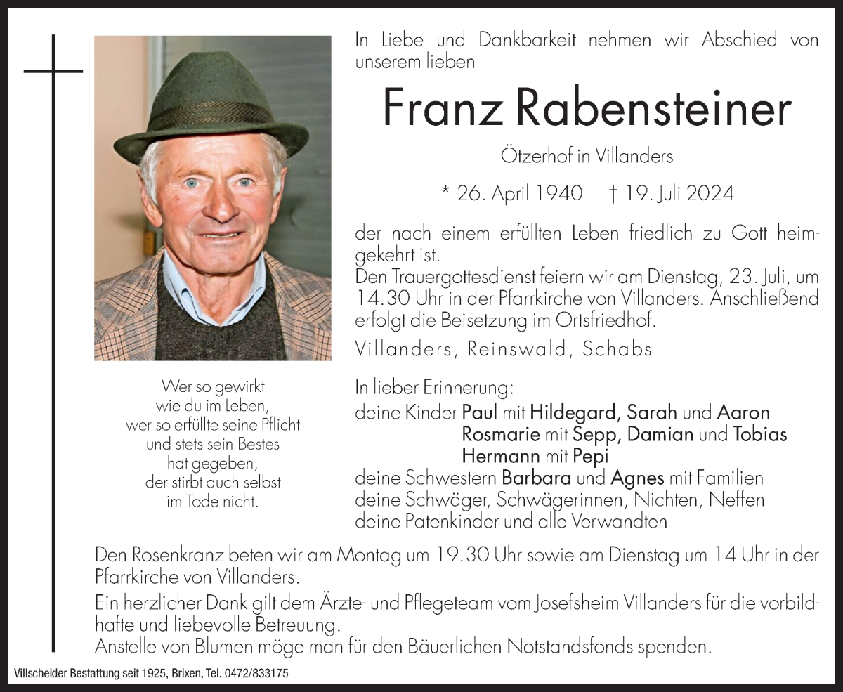  Traueranzeige für Franz Rabensteiner vom 22.07.2024 aus Dolomiten