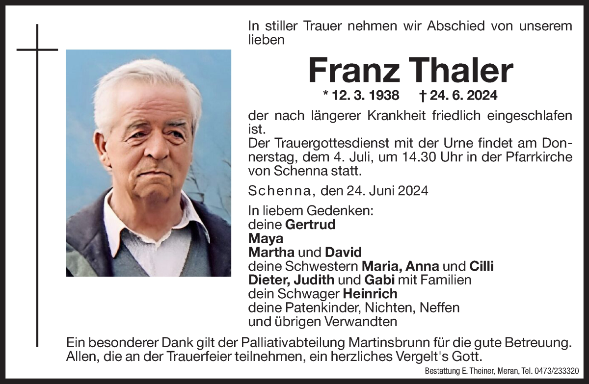  Traueranzeige für Franz Thaler vom 02.07.2024 aus Dolomiten