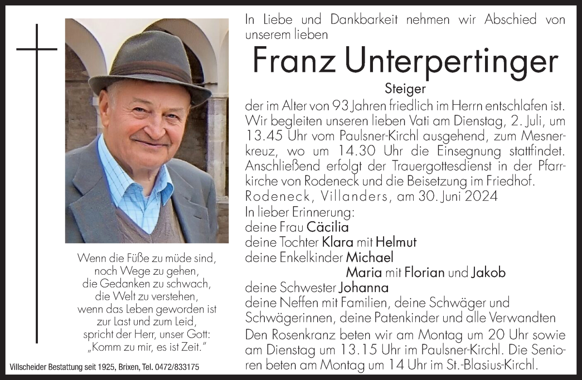  Traueranzeige für Franz Unterpertinger vom 01.07.2024 aus Dolomiten