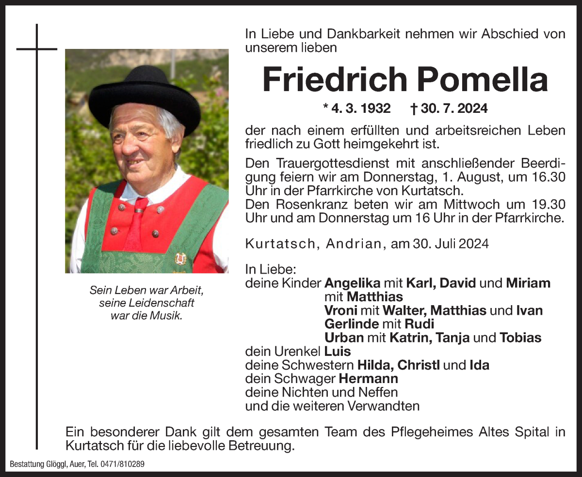  Traueranzeige für Friedrich Pomella vom 31.07.2024 aus Dolomiten