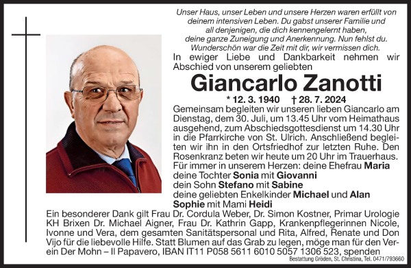 Traueranzeige von Giancarlo Zanotti von Dolomiten