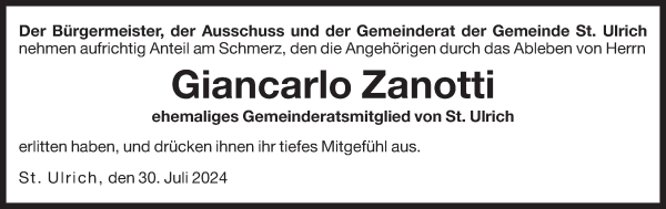 Traueranzeige von Giancarlo Zanotti von Dolomiten