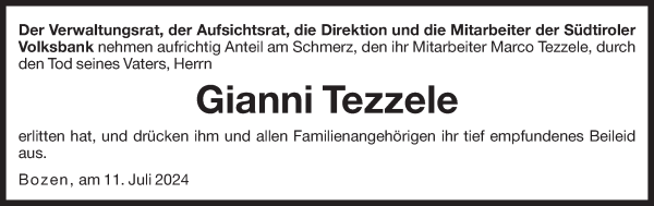 Traueranzeige von Gianni Tezzele von Dolomiten