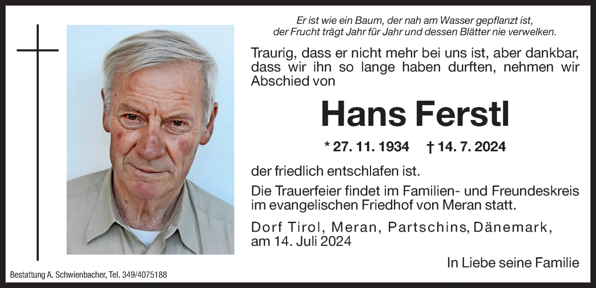  Traueranzeige für Hans Ferstl vom 19.07.2024 aus Dolomiten