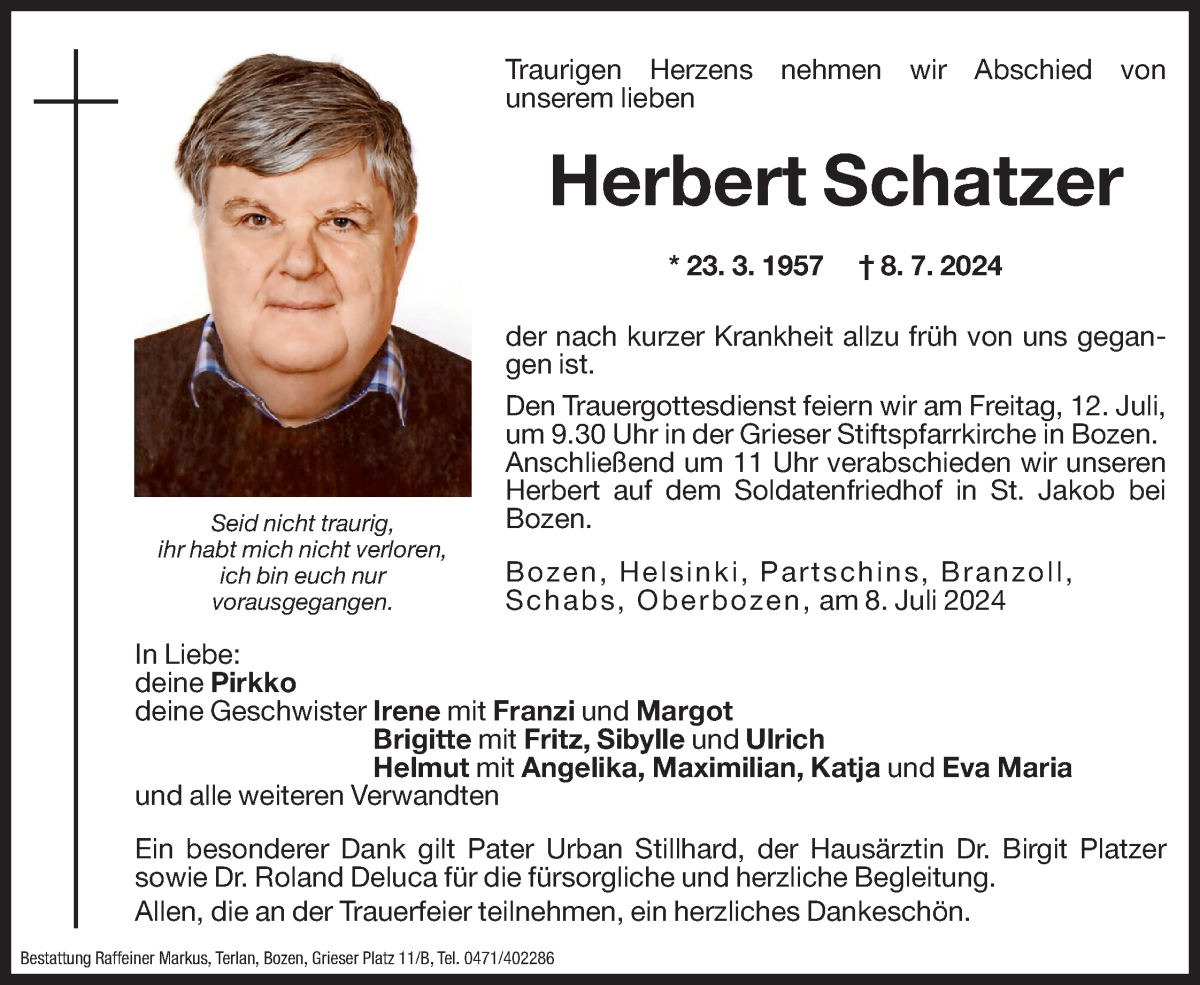  Traueranzeige für Herbert Schatzer vom 10.07.2024 aus Dolomiten