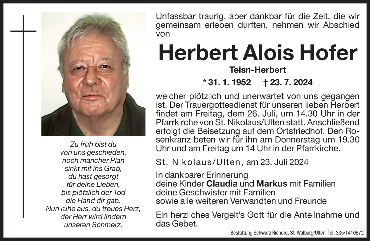  Traueranzeige für Herbert Alois Hofer vom 25.07.2024 aus Dolomiten