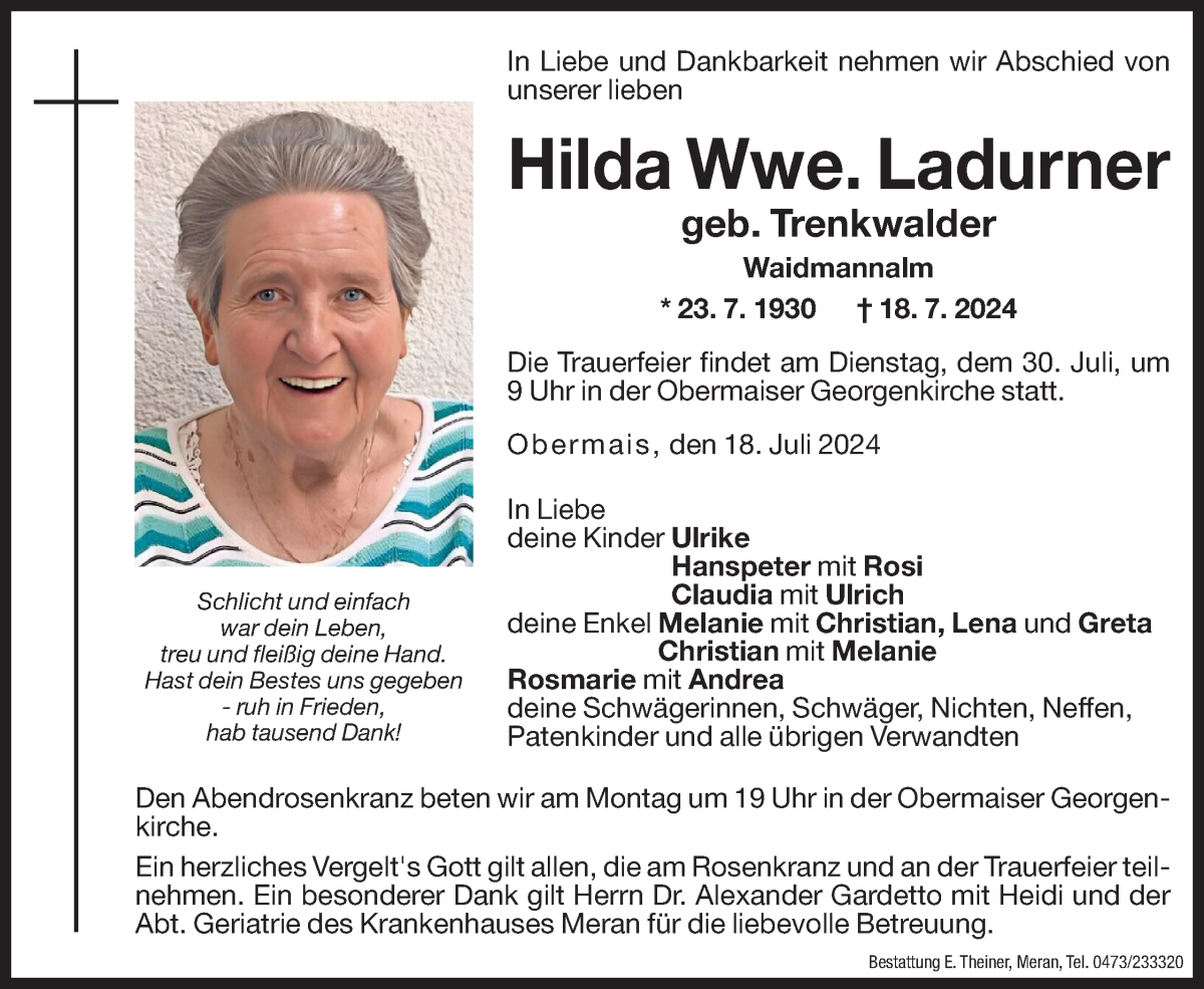  Traueranzeige für Hilda Ladurner vom 27.07.2024 aus Dolomiten