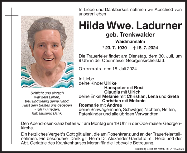 Traueranzeige von Hilda Ladurner von Dolomiten