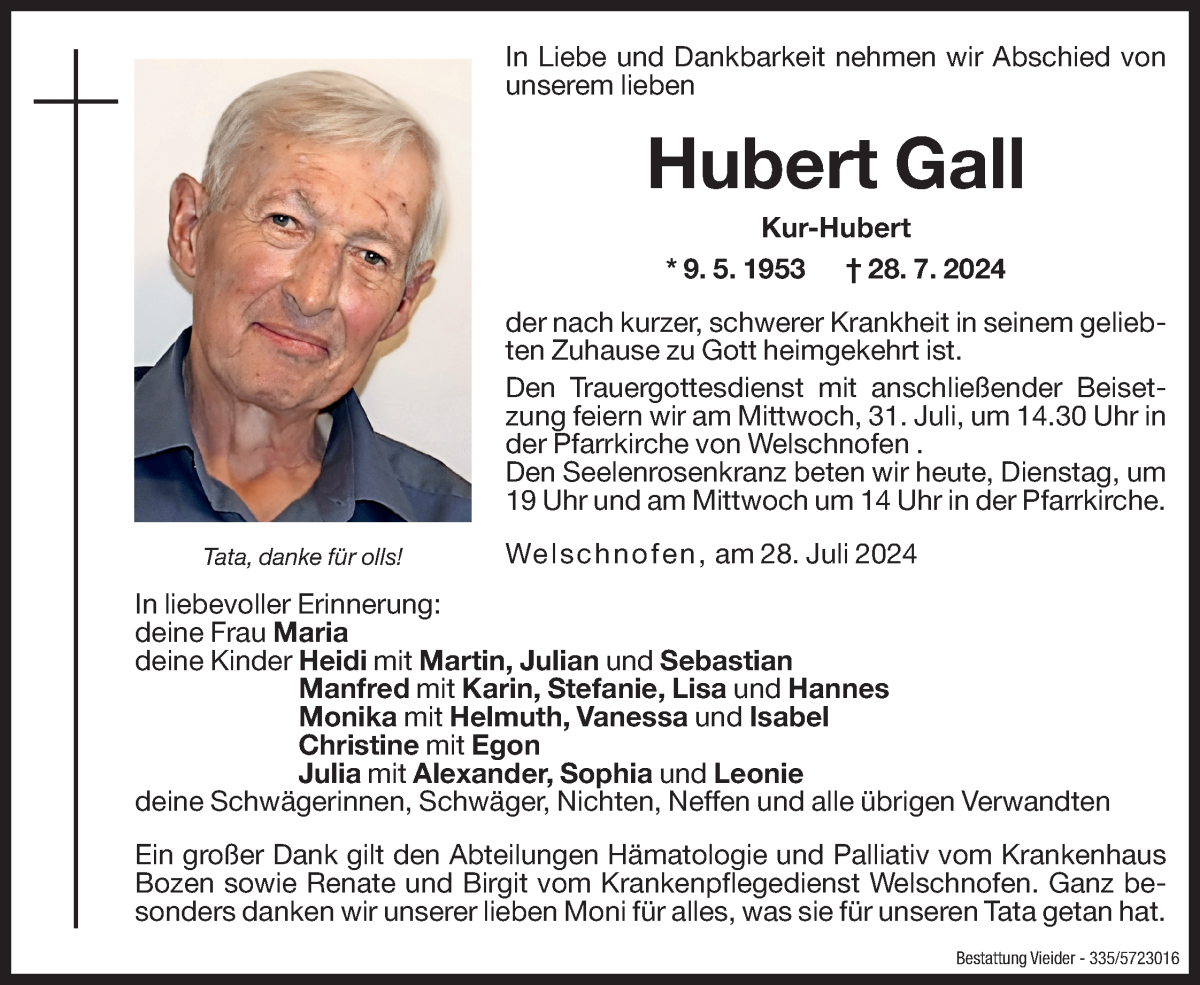  Traueranzeige für Hubert Gall vom 30.07.2024 aus Dolomiten