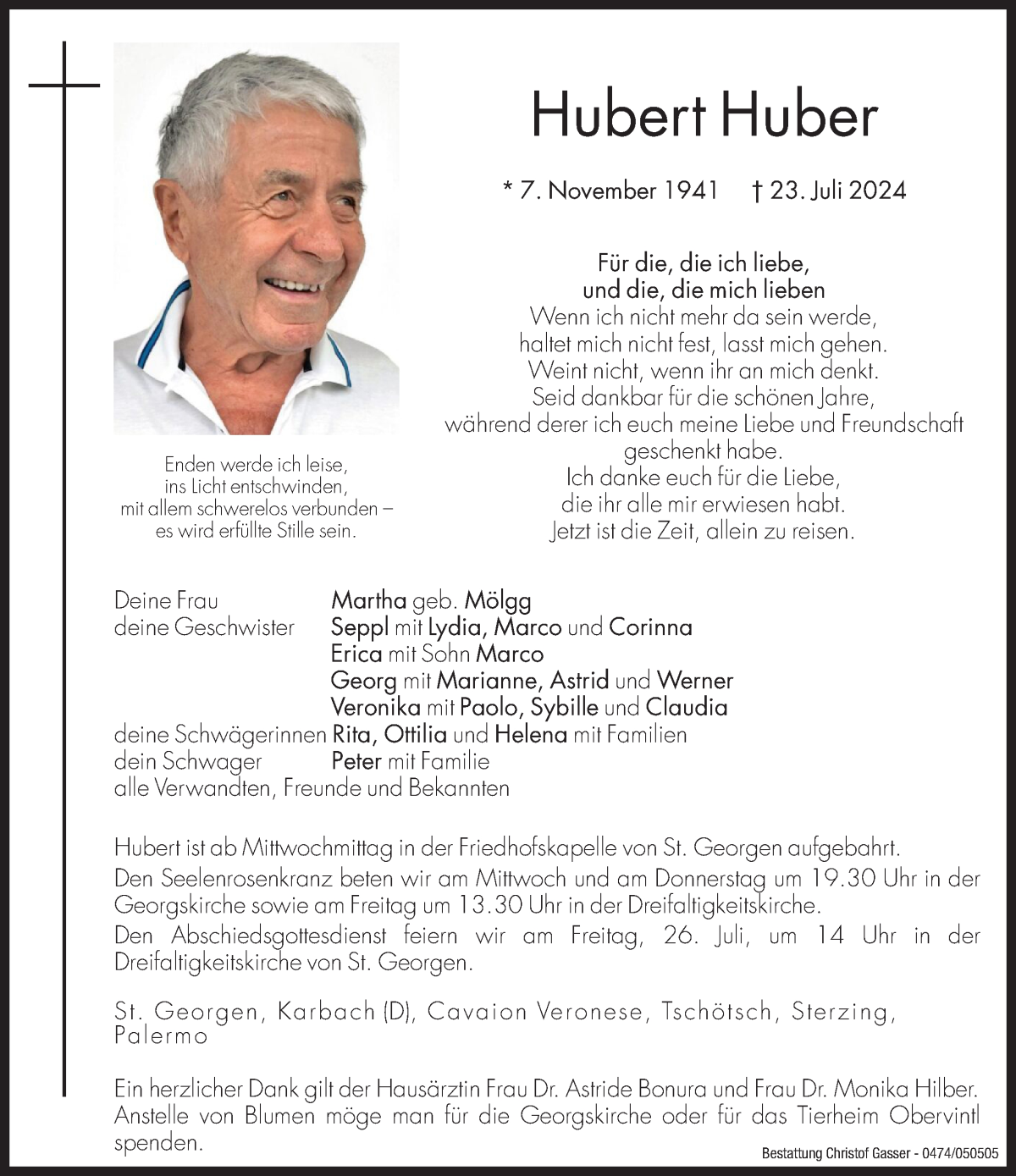  Traueranzeige für Hubert Huber vom 24.07.2024 aus Dolomiten