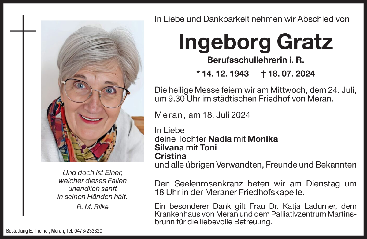  Traueranzeige für Ingeborg Gratz vom 20.07.2024 aus Dolomiten