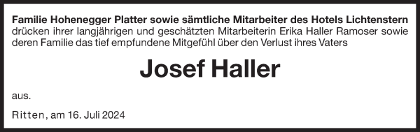 Traueranzeige von Josef Haller von Dolomiten