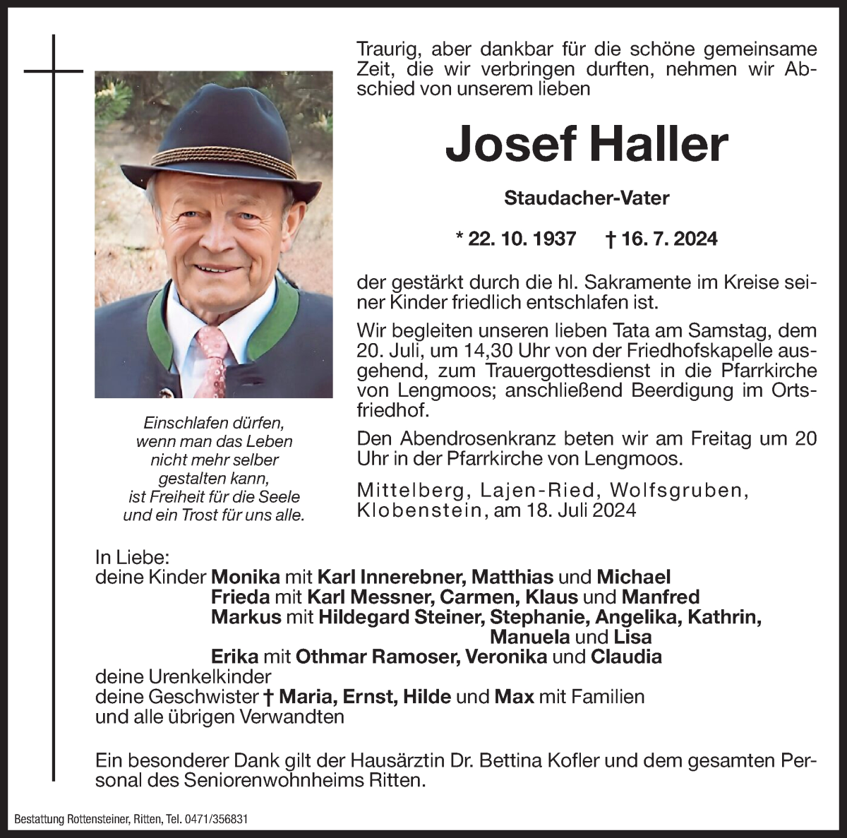  Traueranzeige für Josef Haller vom 18.07.2024 aus Dolomiten