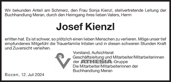 Traueranzeige von Josef Kienzl von Dolomiten