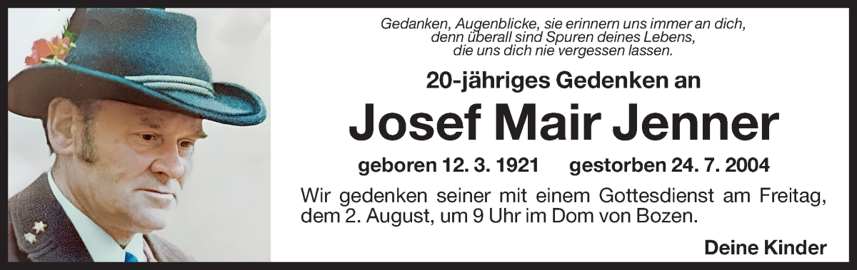  Traueranzeige für Josef Mair Jenner vom 24.07.2024 aus Dolomiten