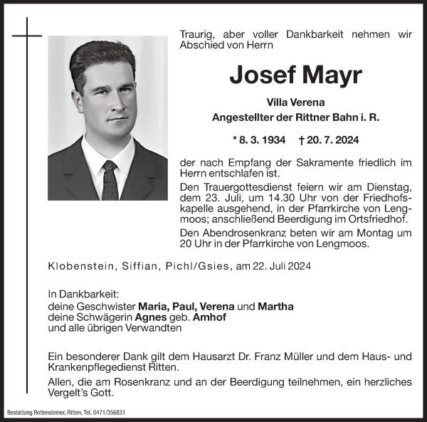 Traueranzeige von Josef Mayr von Dolomiten