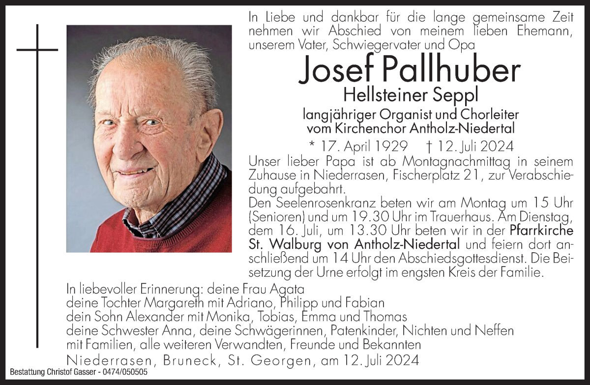  Traueranzeige für Josef Pallhuber vom 15.07.2024 aus Dolomiten