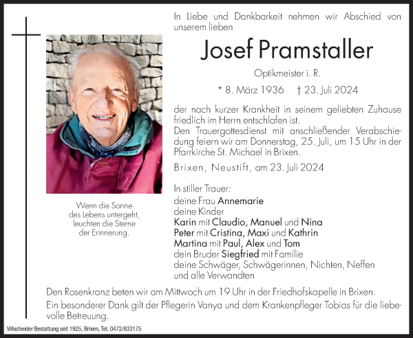 Traueranzeige von Josef Pramstaller von Dolomiten