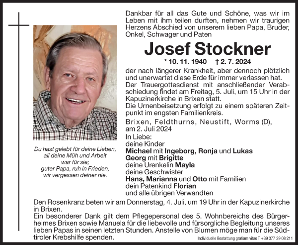 Traueranzeige von Josef Stockner von Dolomiten